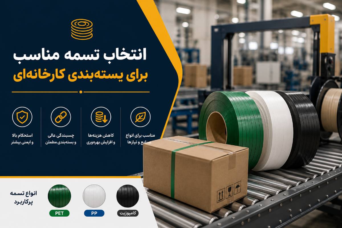 انواع تسمه PET، PP و کامپوزیت در کنار کارتن بستهبندیشده روی خط نقاله کارخانه، برای انتخاب تسمه مناسب بستهبندی صنعتی.