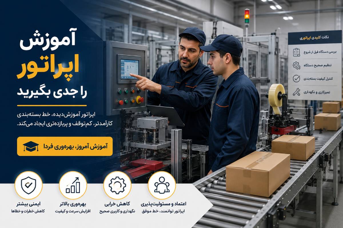 آموزش اپراتور برای کار با دستگاه بسته‌بندی صنعتی در کنار خط تولید و نوار نقاله.