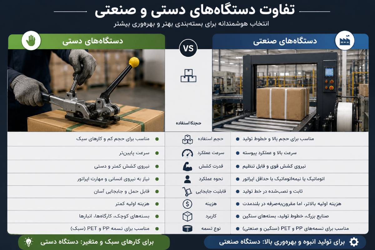 مقایسه کاربرد دستگاه تسمه کش دستی با مدل‌های صنعتی در محیط‌های مختلف بسته‌بندی و تاثیر آن بر بهره‌وری