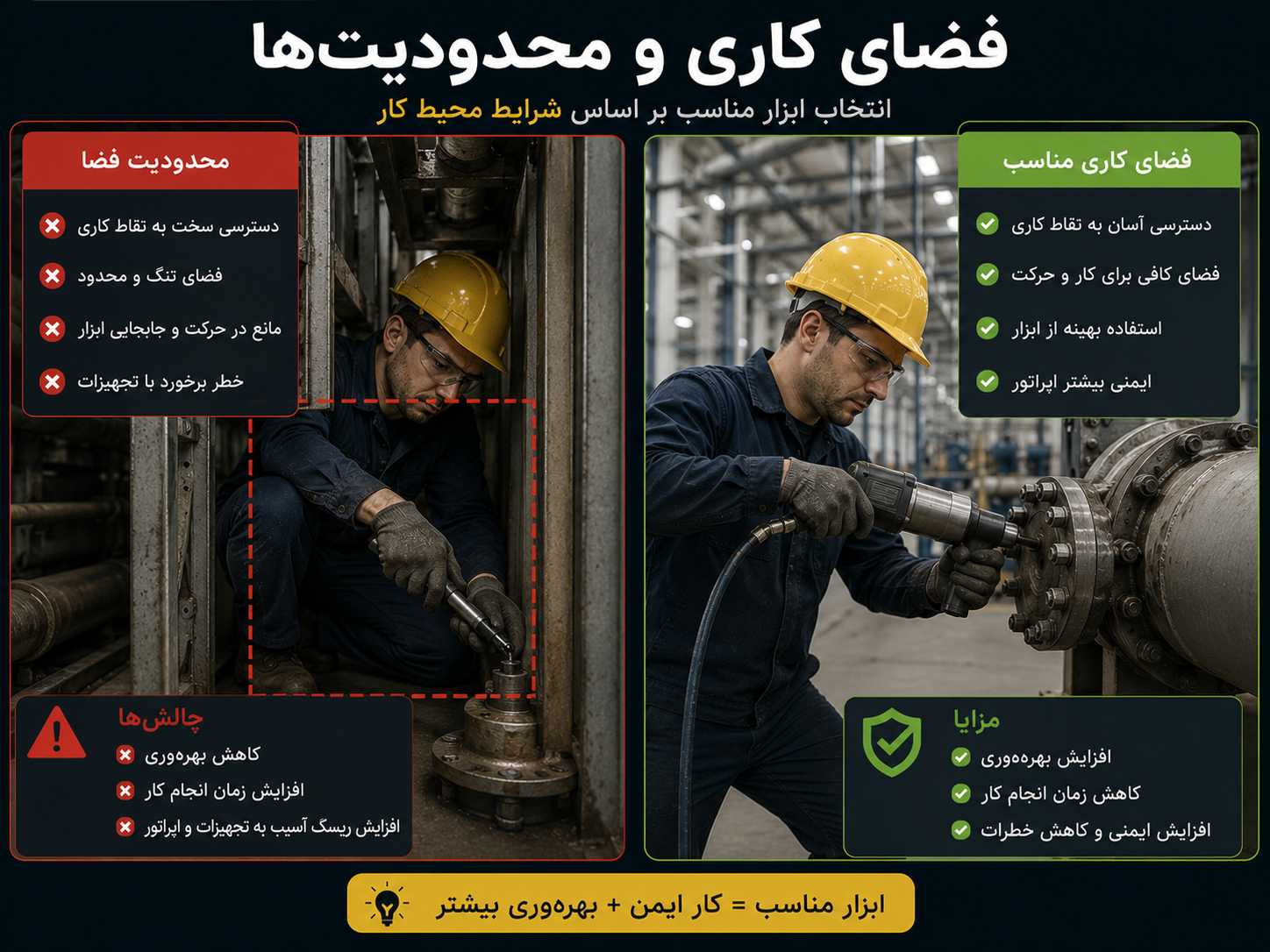 محیط بسته‌بندی با فضای محدود کاری که نشان می‌دهد انتخاب دستگاه مناسب باید بر اساس شرایط فیزیکی محیط انجام شود