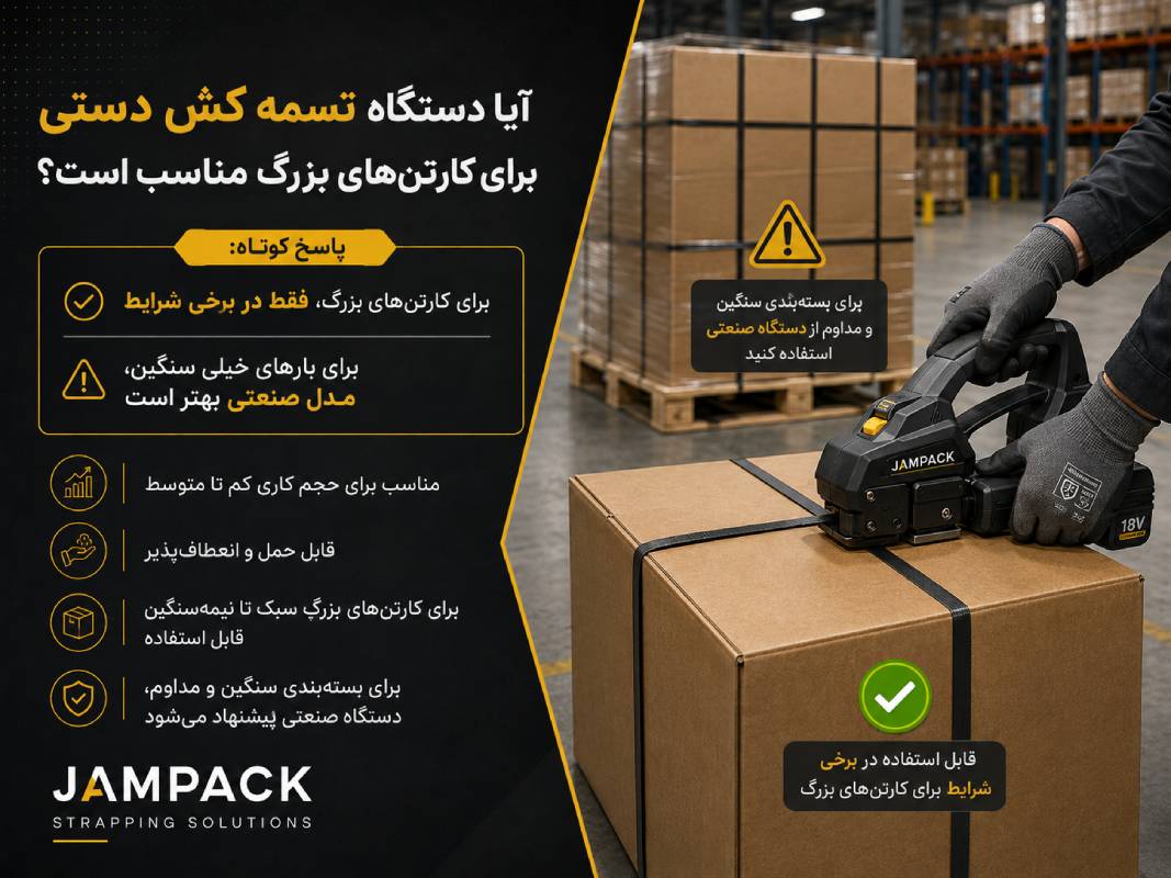 اپراتور در انبار با دستگاه تسمهکش دستی در حال بستهبندی یک کارتن بزرگ؛ تصویر توضیح میدهد که این مدل فقط در برخی شرایط برای کارتنهای بزرگ مناسب است و برای بارهای خیلی سنگین، دستگاه صنعتی گزینه بهتری است.