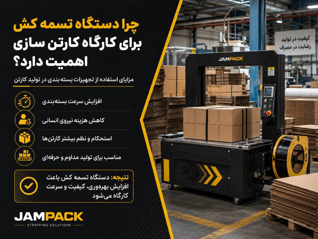 دستگاه تسمهکش صنعتی در کارگاه کارتنسازی برای افزایش سرعت بستهبندی، کاهش هزینه نیروی انسانی، استحکام بیشتر کارتنها و بهبود بهرهوری تولید.