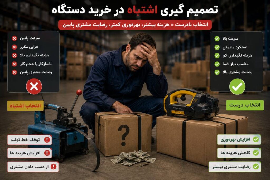 صحنه انتخاب دستگاه تسمه کش در یک محیط کاری که نشان‌دهنده اهمیت بررسی نیاز واقعی قبل از خرید تجهیزات بسته‌بندی است