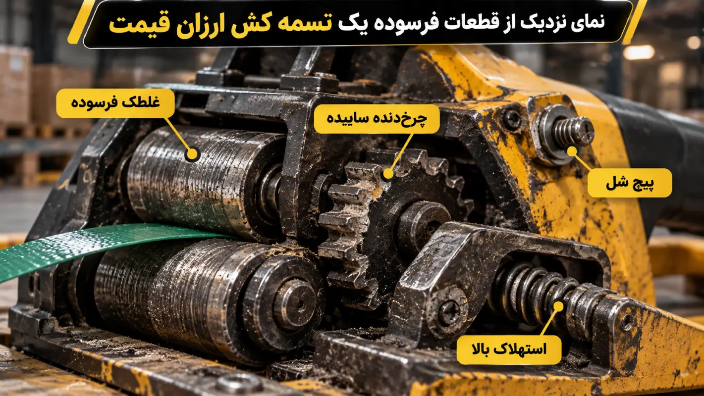 نمای نزدیک از قطعات فرسوده یک تسمه کش ارزان قیمت