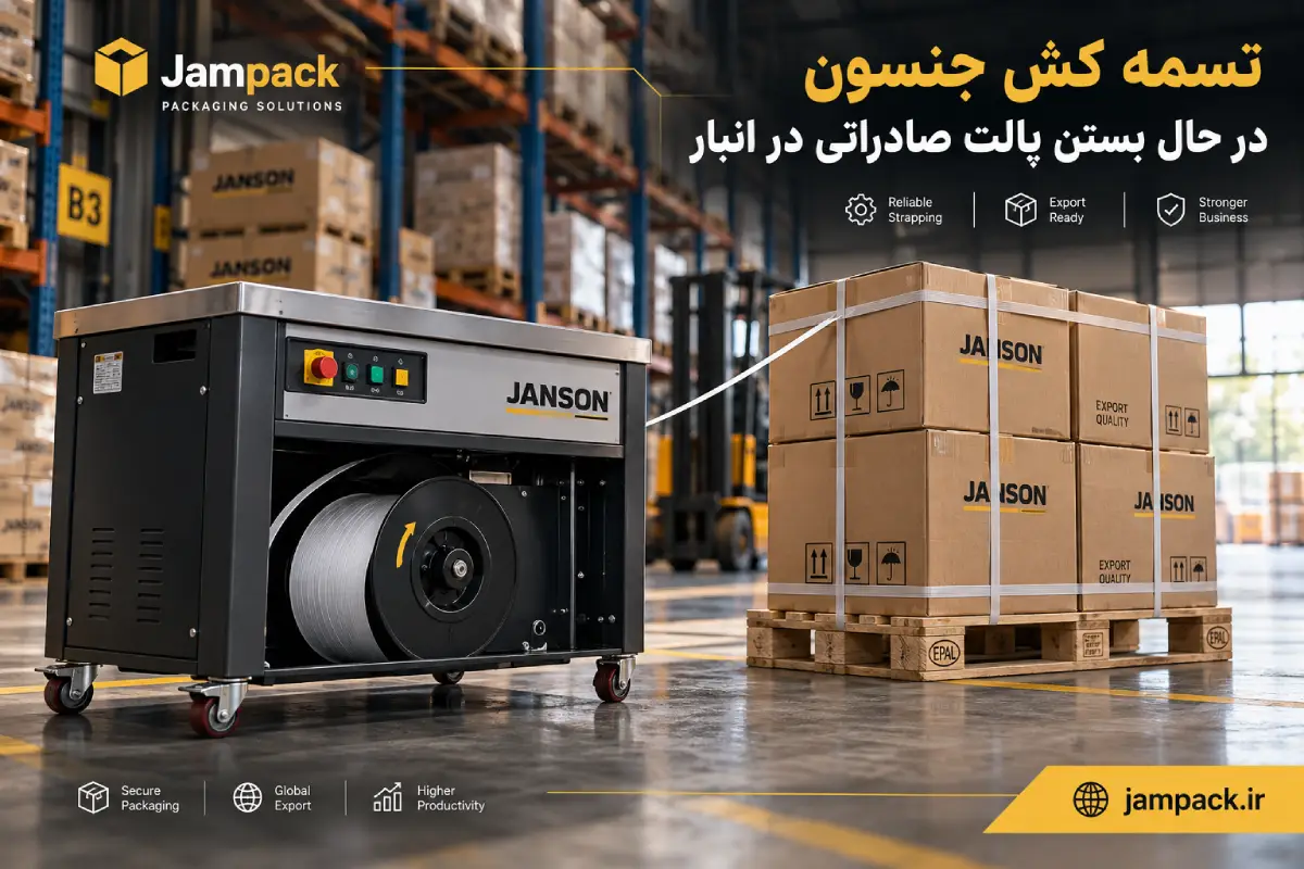 تسمه کش جنسون در حال کار روی پالت صادراتی
